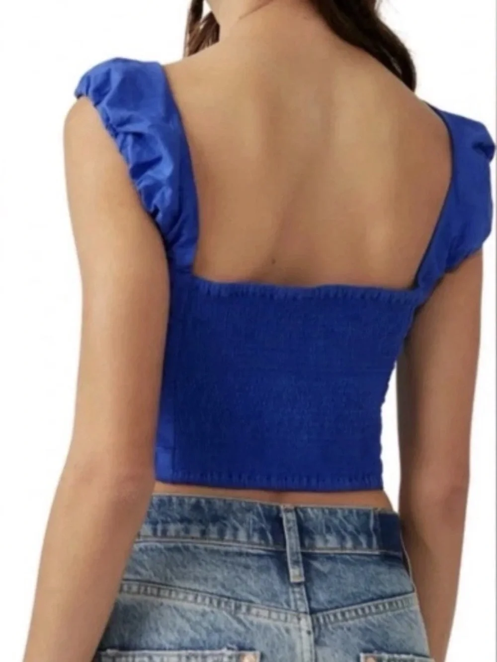 Free People Square Neck Cap Sleeve Crop Top in Blue